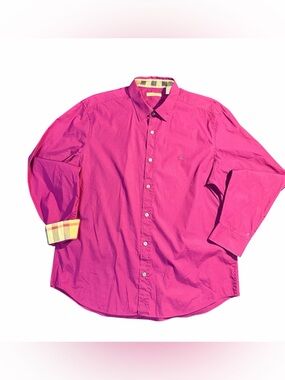 Burberry Men's Button-Down Shirt in Hot Pink with Check Trim